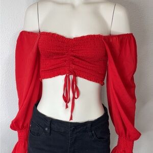 Miss Lola Red Off-Shoulder Smocked Top